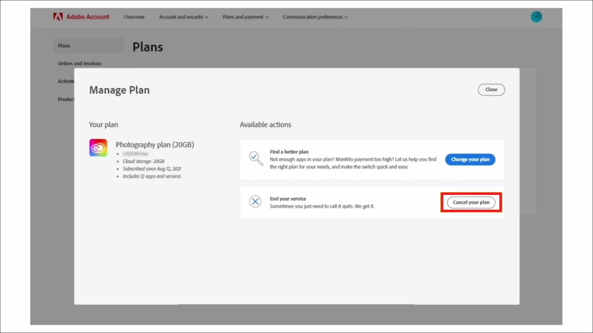 Then select cancel your plan