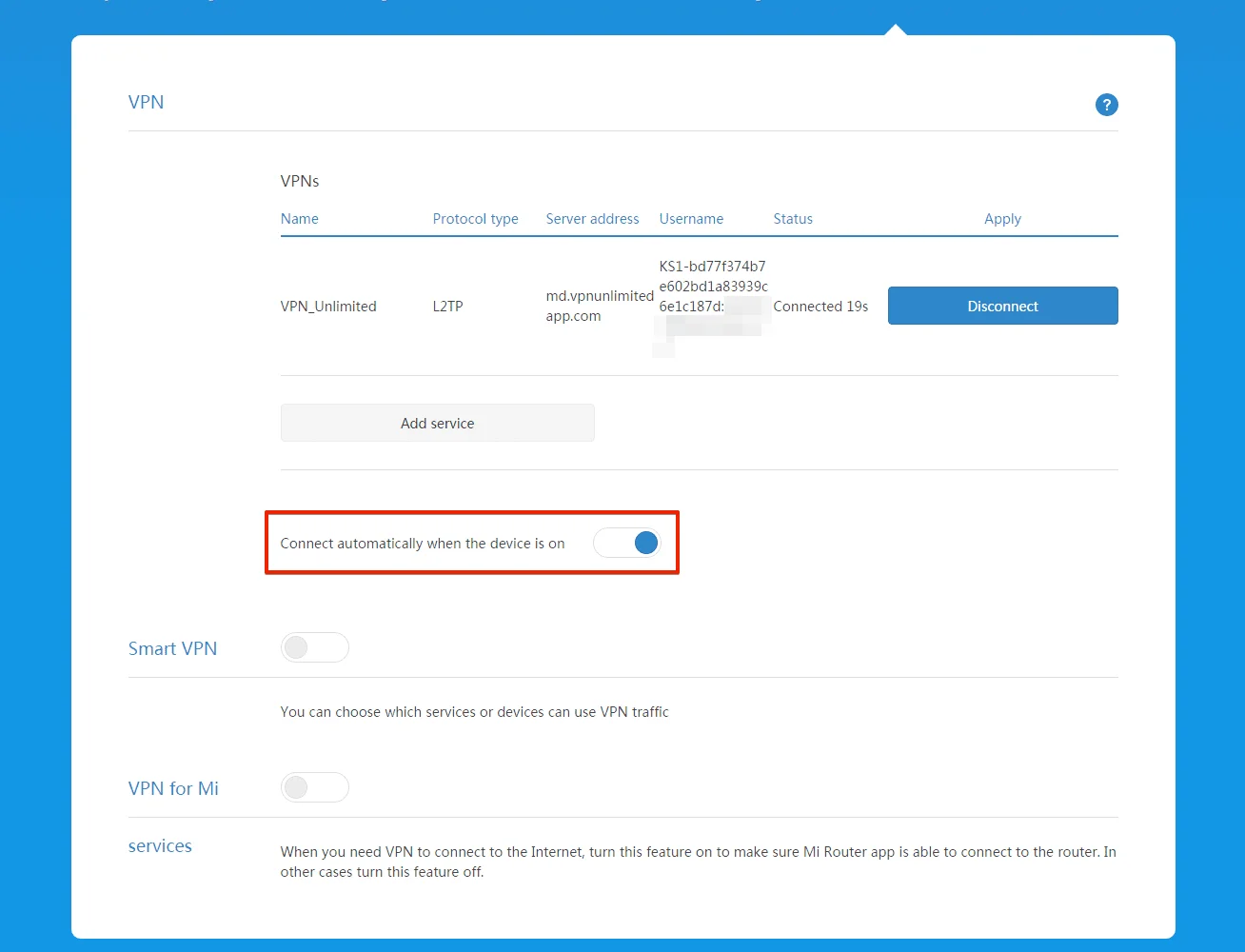 VPN setup on Xiaomi router - connect automatically when the device is on