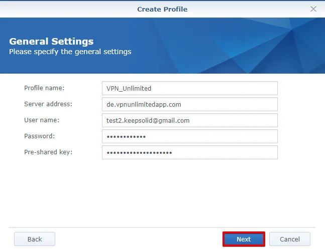 How to set up VPN on Synology - fill in general setings and press next