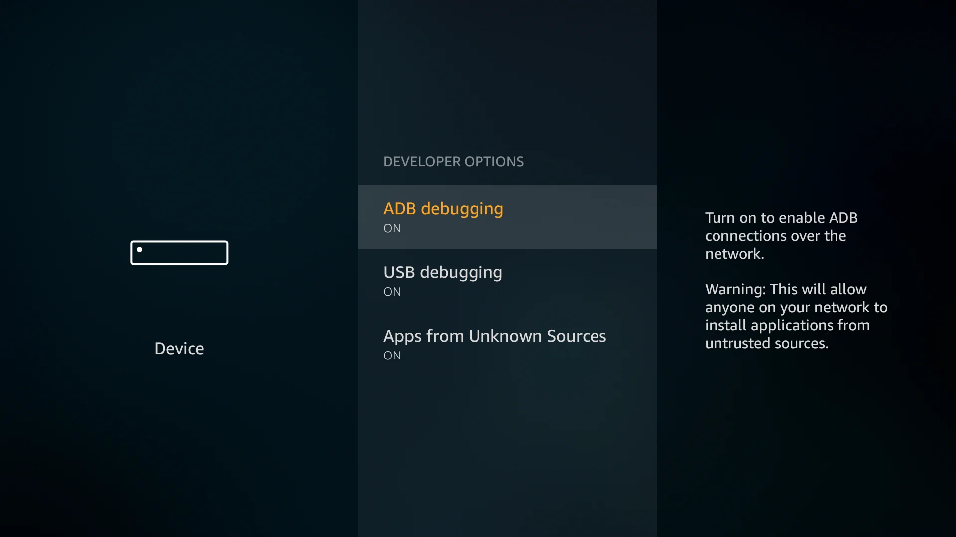 Developer options and make sure that all the features there are turned on - VPN for amazon fire tv