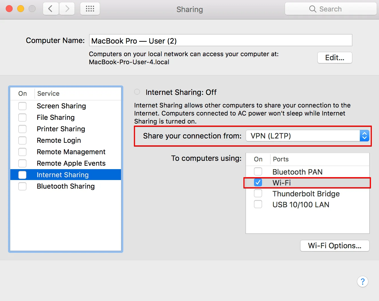 How to share VPN connection over WiFi Mac-In the Internet Sharing section, you will see next options