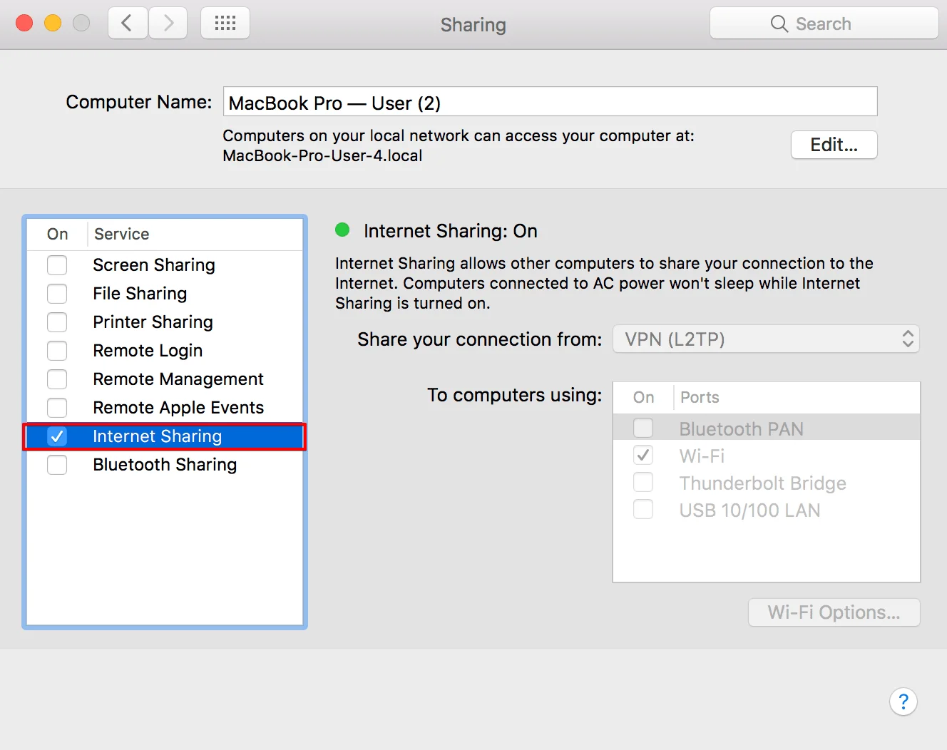 How to share VPN connection over WiFi Mac - To disable Internet Sharing, go to System Preferences>Sharing