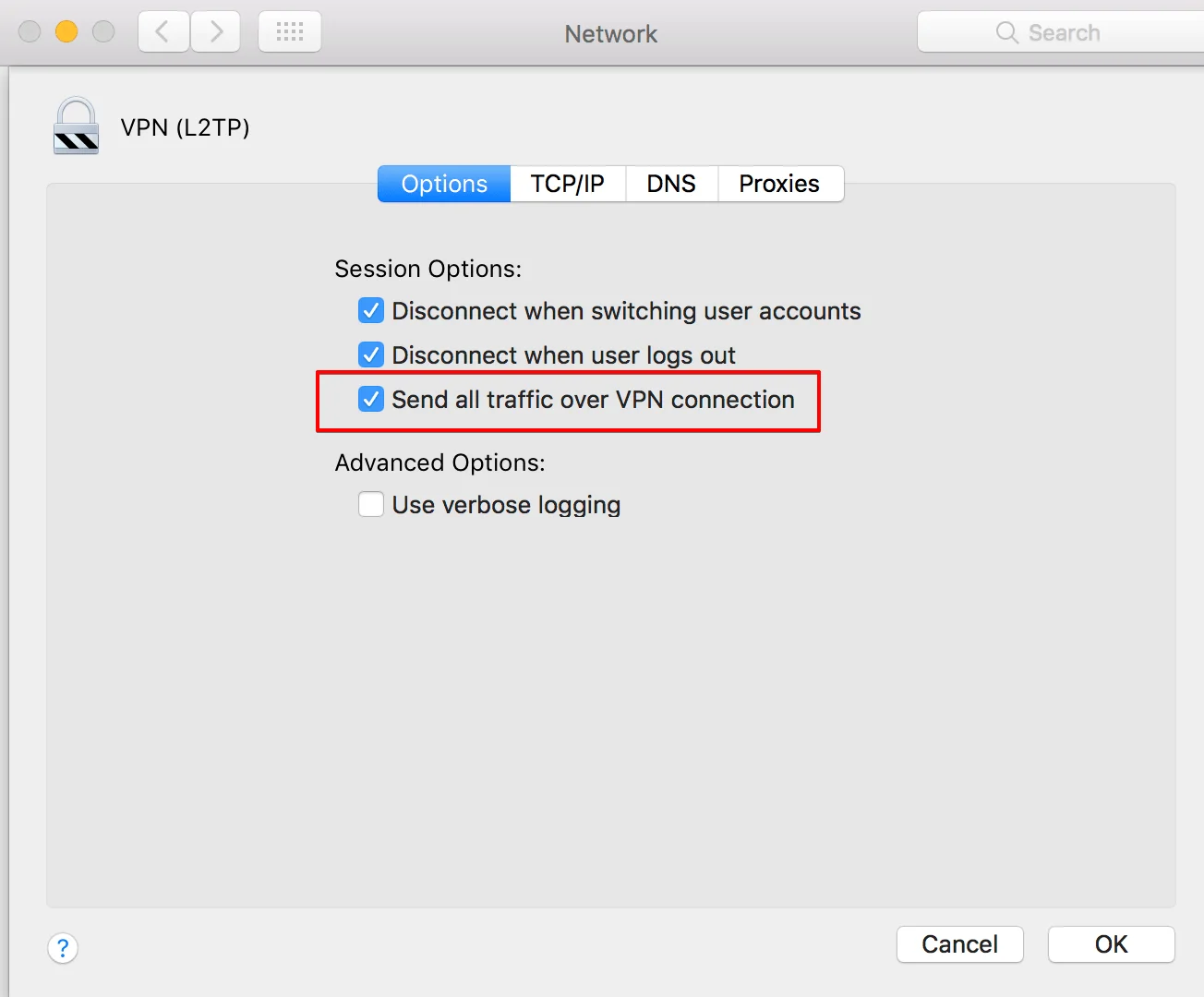 How to share VPN connection over WiFi using Mac -Check the box for Send all traffic over VPN connect