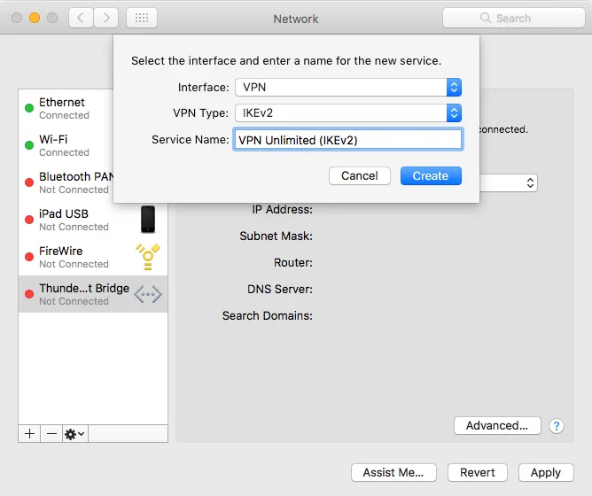 IKEv2 configuration guide for macOS devices - Set the following data and click Create