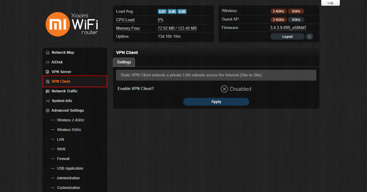 Setting up Padavan VPN - MI router, VPN Client > Settings tab