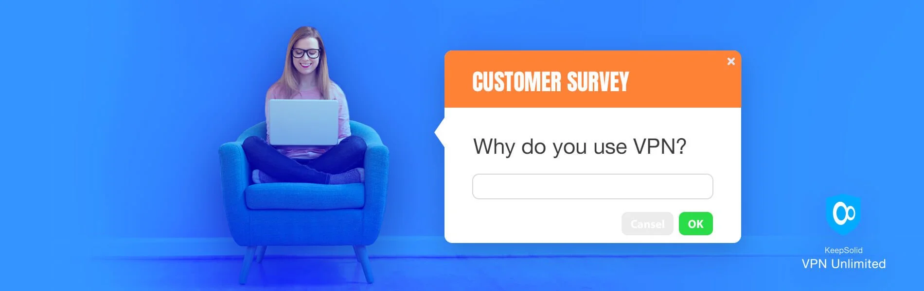 Young woman using her laptop in a chair and answering customer survey about why to use VPN.