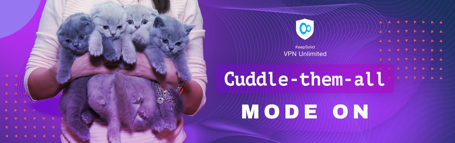 A woman is holding a lot of kittens and testing features in free VPN trial version.